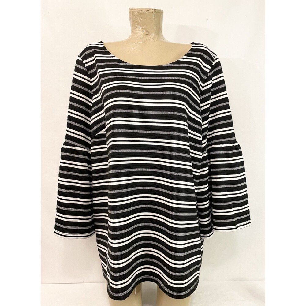 Calvin Klein Shirt Plus Size 1x 50” Long Bell Sleeve Blouse Top Black White Gray
